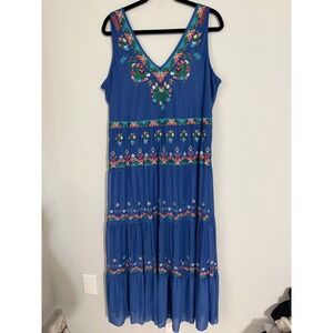 REBA Womens XL Blue Floral Embroidered Spring Tiered Sleeveless Maxi Dress Boho